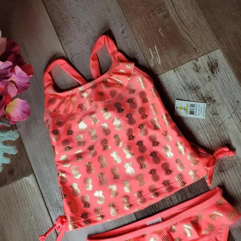 NWT Real Love Toddler Girls Metallic Gold and Coral Pineapple Bikini Set Size 2T